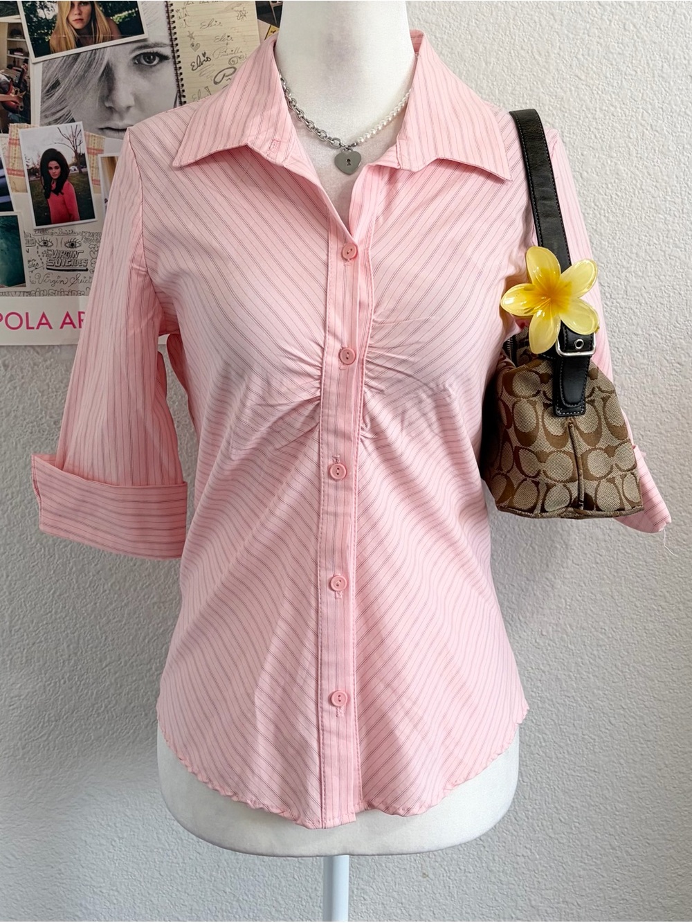 Vintage Y2K Deadstock Pinstripe Button Up 3/4 Sleeve Blouse Top